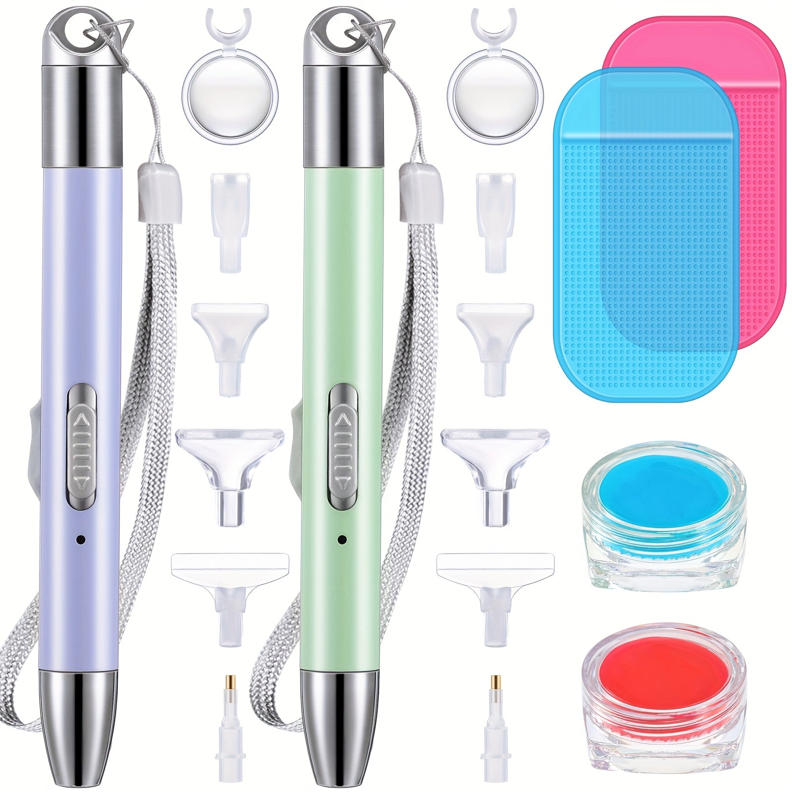 TEMU 2pcs Diamond Painting Pen With Light Drill Pens Diamond Painting Accessories 12 Pen Heads, 2 Anti-slip Mats, 2 Wax Organizer Cases For Diy