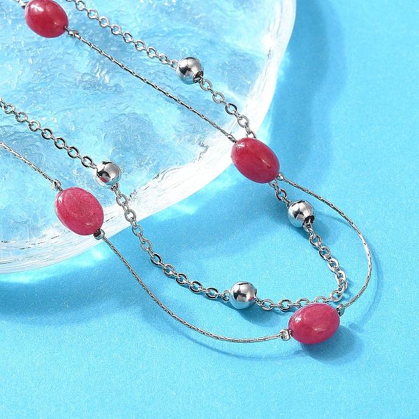 Collares de doble capa de acero inoxidable 304 y jade de Malasia natural teñido para mujer