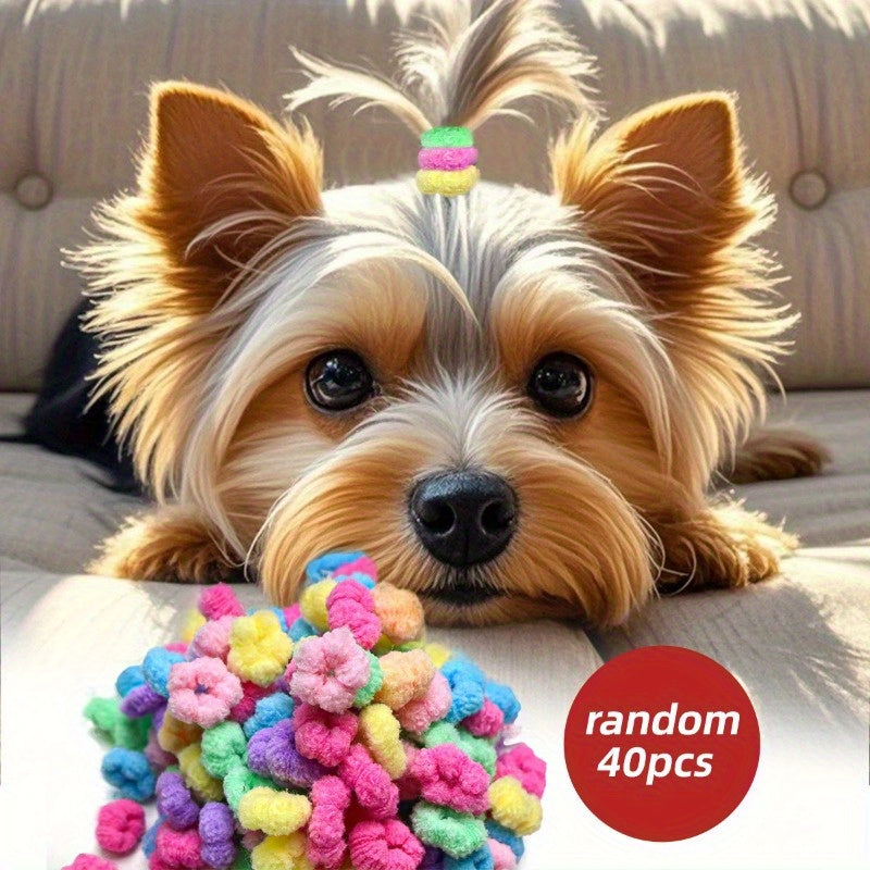 TEMU 40pcs Assorted Plush Elastic Hair Ties For Pets - Colorful Candy-colored Bands For , Comfortable Grooming Accessories