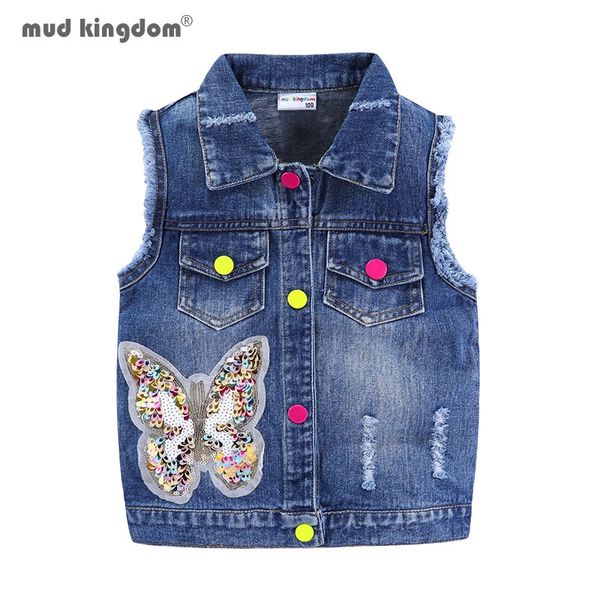 Mudkingdom Ripped Girls Denim Vest Butterfly Sequin Turn-Down Collar Autumn Sleeveless Jacket Kids Jean for Girl Sparkly Clothes 240921