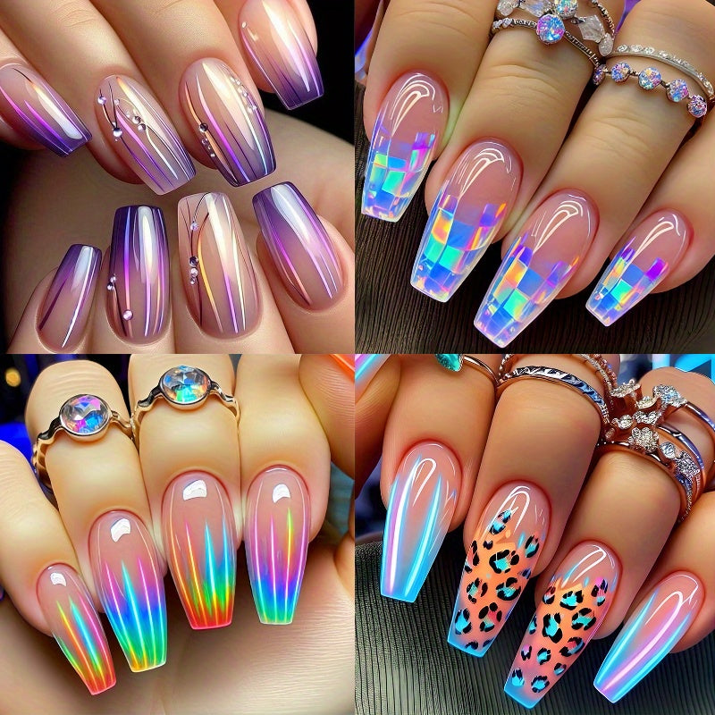 TEMU 96pcs (4pcs) Iridescent Geometric Gradient Press-on Nails - Medium , Glossy Finish, Colorful , Easy To Apply & Remove, Mixed Blue & , Casual Or