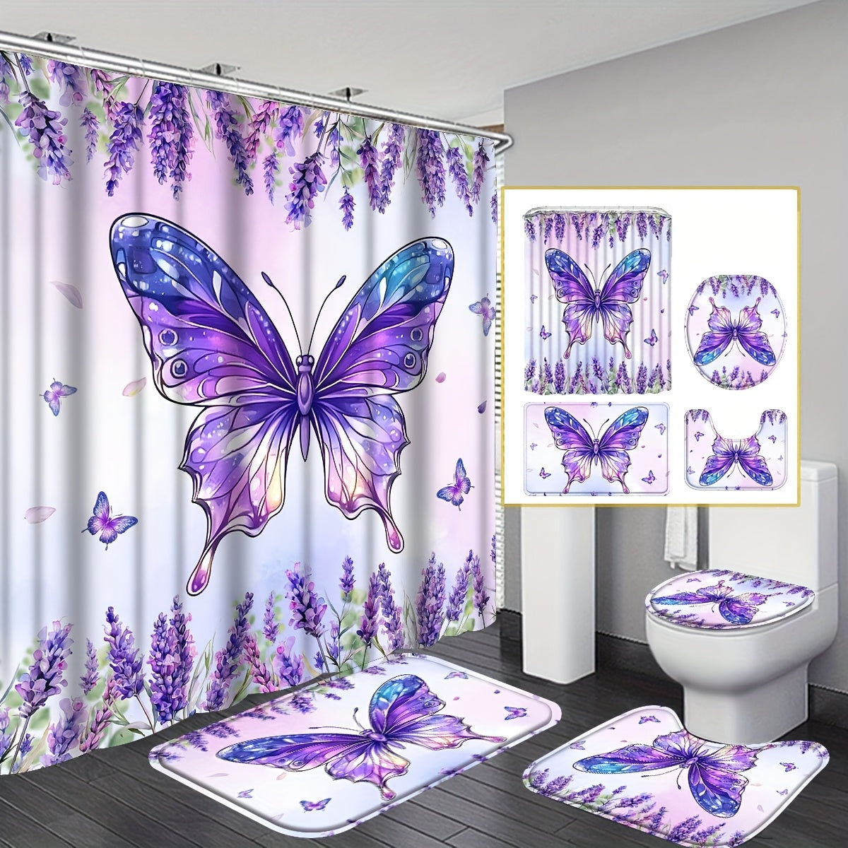 TEMU 4pcs Purple Lavender Floral Shower Curtain Set, Bathroom Decor, Bathroom Set With 12 Hooks, Non-slip Rug, Toilet Lid Cover, U-shaped Mat, Rustic