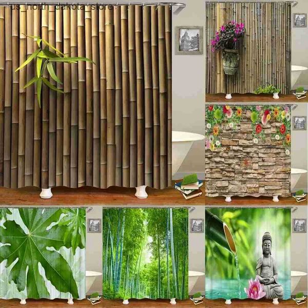Shower Curtains High quality green bamboo fabric shower curtain waterproof plant leaf shower curtain bathroom decoration with 12 hooks J2412