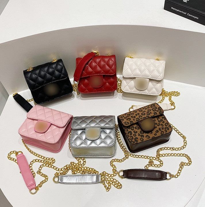 2025 children dia check handbag Fashion girls metal letter buckle PU leatter crossbody bags designer kids chain single shoulder mini bag S2641