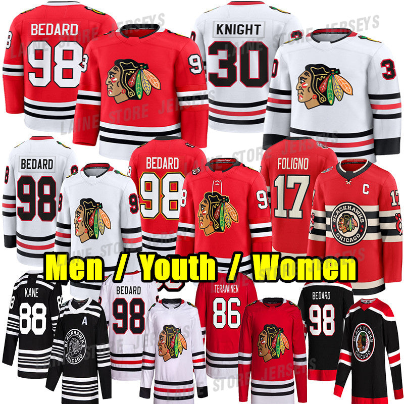 #98 ConnorS Bedard chicago hockey jersey blackhawksS jersey #55 Artyom Levshunov Frank Nazar Spencer Knight Teuvo Teravainen Oliver Moore Jason Dick