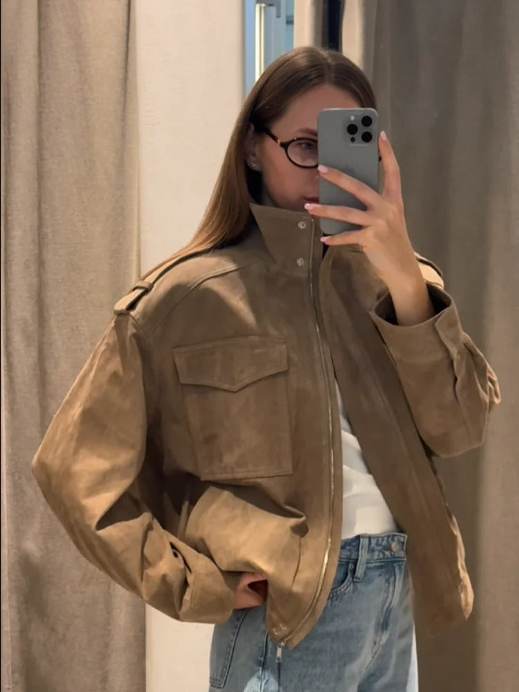 Fashion Stand Collar Suede Jacket Women Long Sleeve Pockets Zipper Loose Bomber Jacket 2025 Autumn Lady High Street Outwear250906