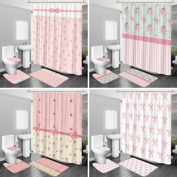 1-4 Pcs Cute Bow Shower Curtain Set Modern Simple Plaid Love Heart European Lace Bathroom Decor Toilet Cover Carpet With Hooks 250116
