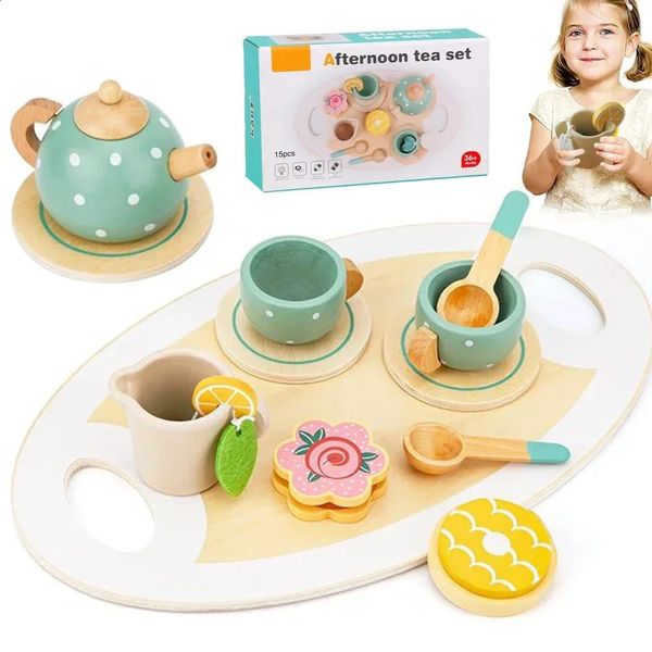 Wooden Tea Set Toys Pretend Play Kitchen Accessories for Kids Food Afternoon Role Game Toddlers Girls Boys Gifts 250115