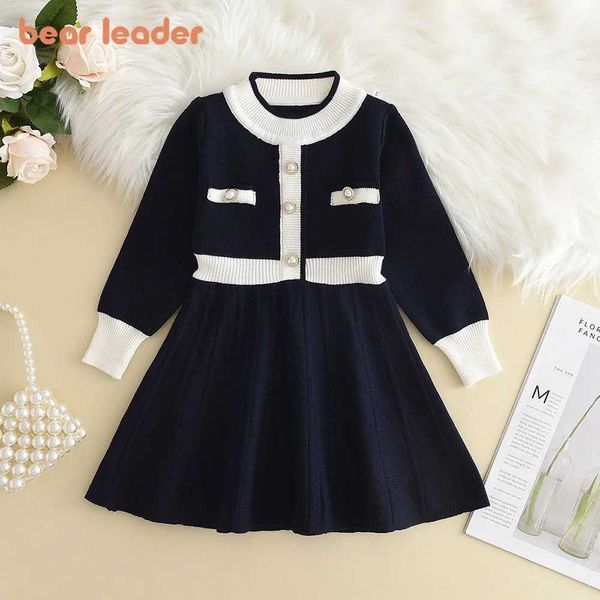 Girl&#039;s Dresses Bear collar winter long sleeved childrens clothing pearl button colored A-line knitted dress H240905