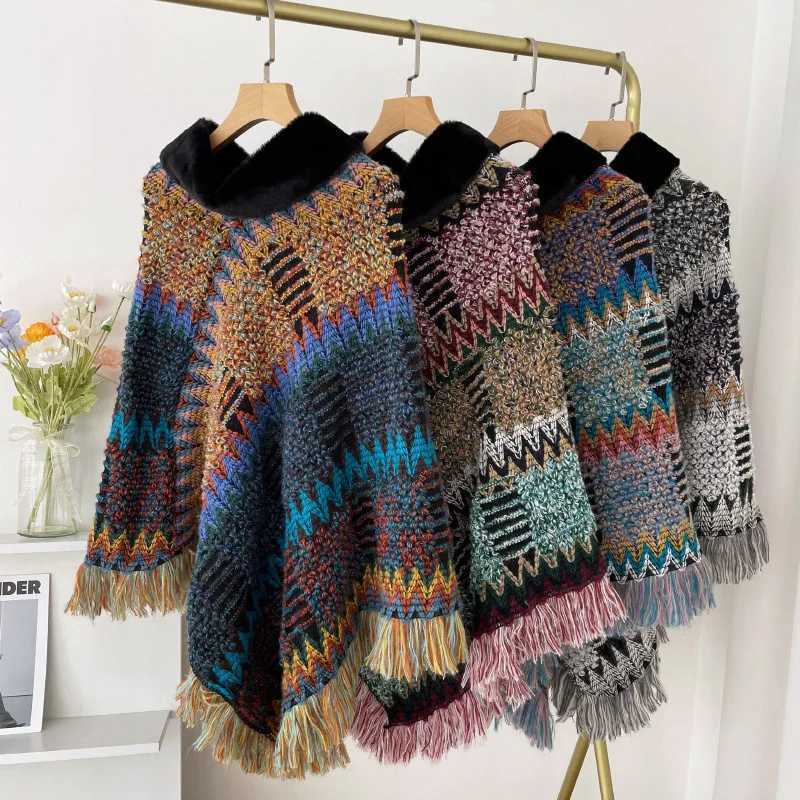 Autumn and Winter Shawl National Knitted Cloak Womens New Lanhua Cloak Tassel Warm Shawl Imitation Wool Collar Raincoat W240921