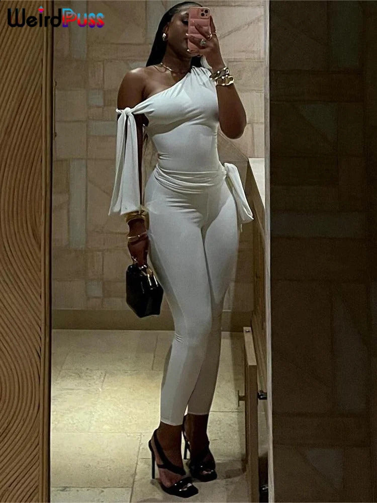 Weird Puss Chic Elegant 2 Piece Set Women Tracksuit Skew Collar Ribbon Tank TsopLeggings Casual Skinny Stretch Matching Outfits 240920