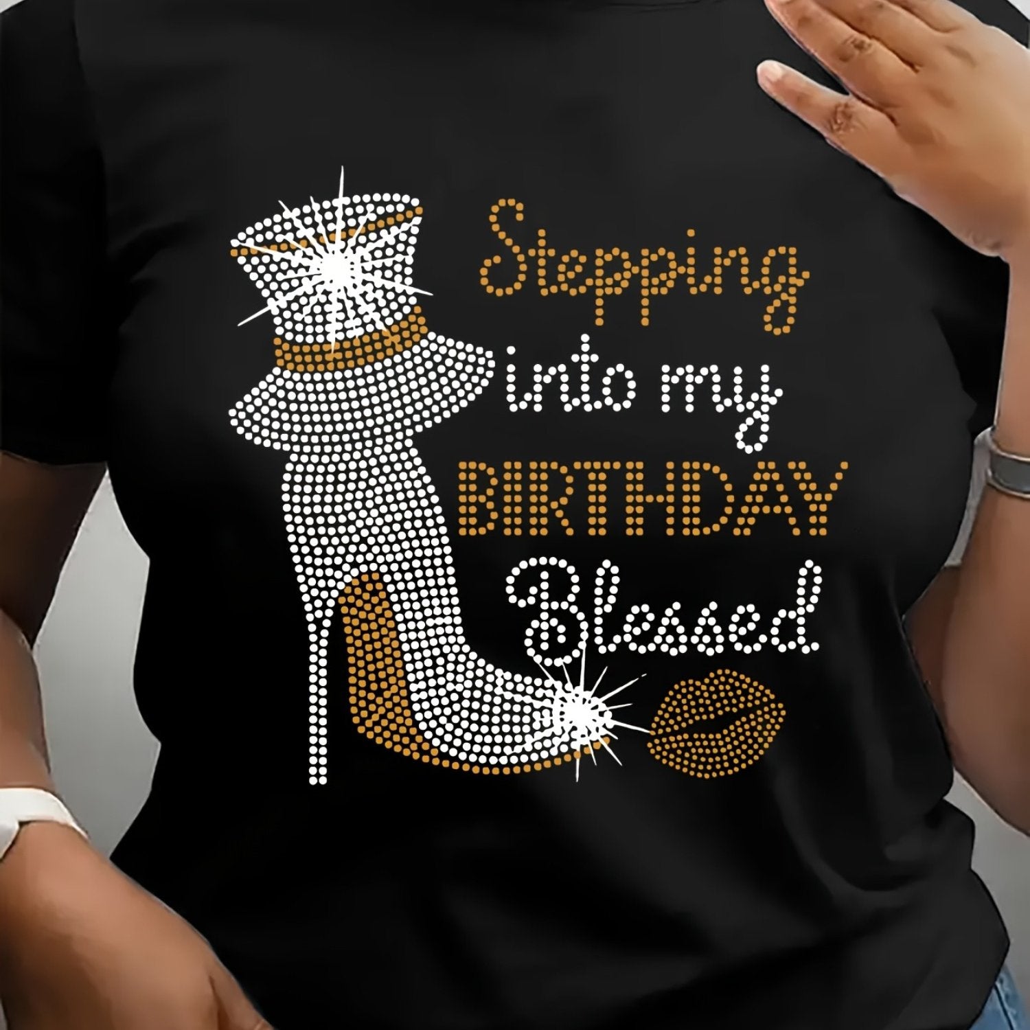 TEMU Women's Birthday Celebration T-shirt, Casual Crew Neck Short Sleeve Top With High Heel And Hat Print, 100% Knit Fabric, Regular Fit, All Season