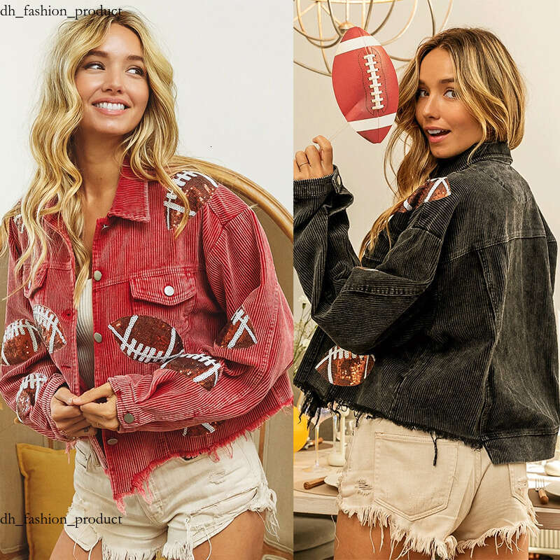 Women&#039;s Jackets New Sports Casual Corduroy Jacket Woman Retro Turn-down Collar Splicing Football Sequins Spring Autumn Tassel Jacket for Women