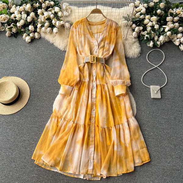 French Dress 2023 Womens New Design with Irregular Tie Dye Slim Fit, Large Swing Chiffon Holiday Skirt Long Summer Dress Temperament Bifurca