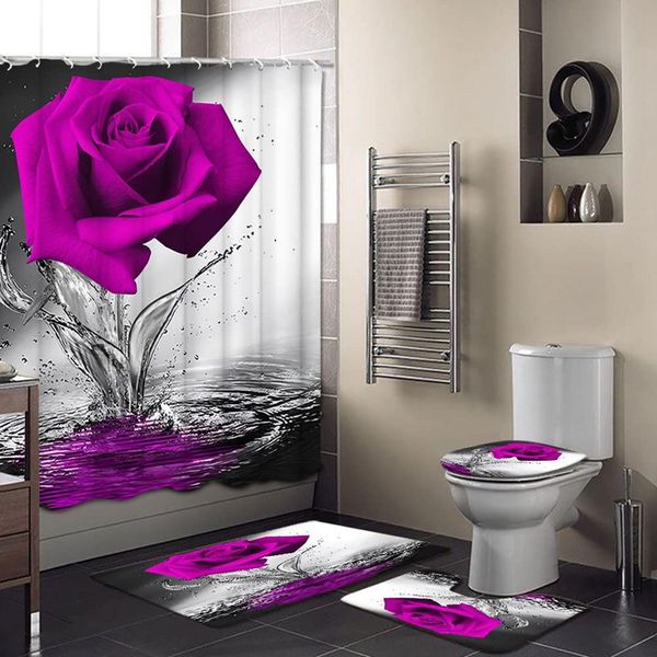 Shower Curtains Rose Flower Sets Non-Slip Rug Toilet Lid Cover Bath Mat Floral Bathroom Decoration Accessories Christmas 230422