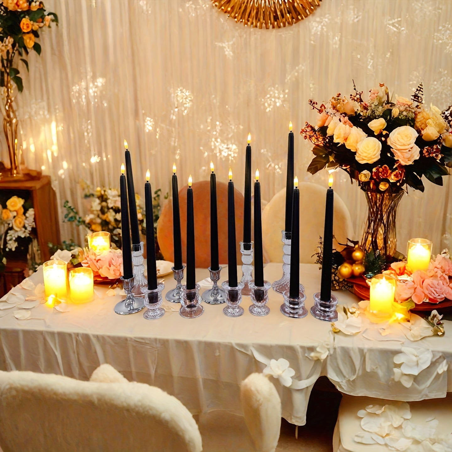 TEMU 12pcs Black Led Flameless Taper Candles - Realistic Flickering Flame Effect, -powered Indoor-outdoor Safe Plastic Candles For Halloween,