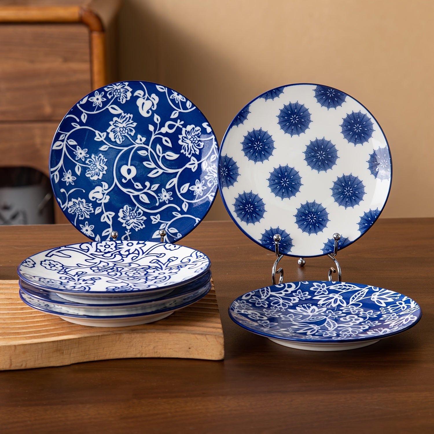 TEMU 6pcs Set, 6 Inch Vintage Blue Ceramic Dessert Plates - Small Porcelain Plates For Salad, Appetizers, Snacks, Cake, - Microwave, Oven, Dishwasher