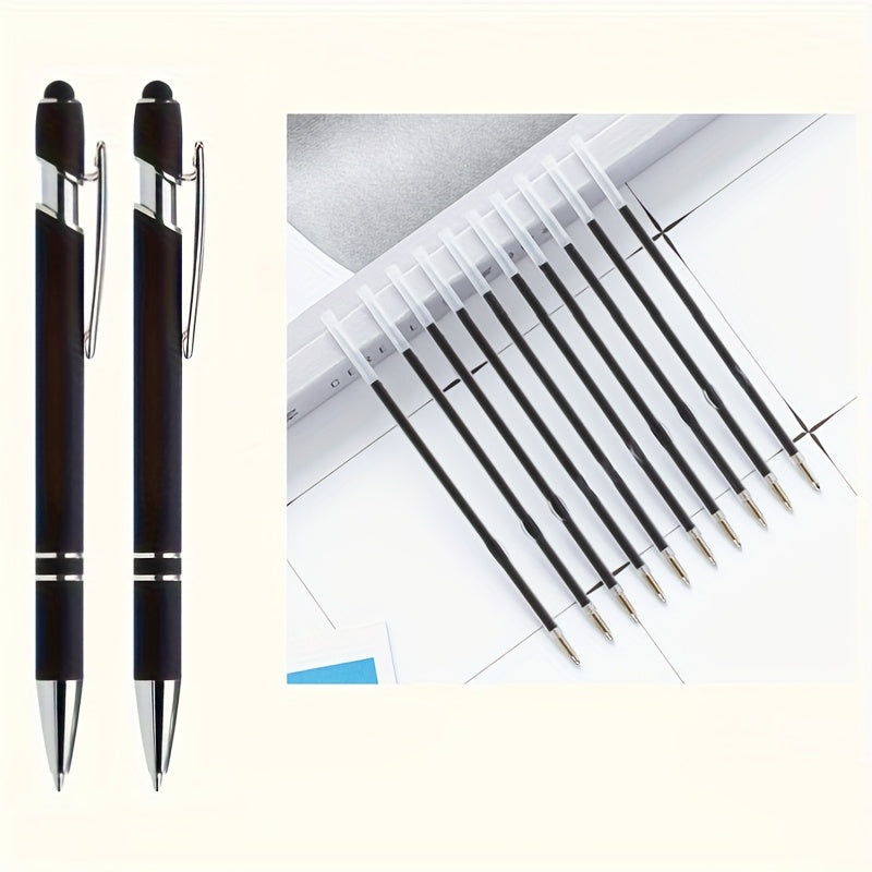 TEMU 12pcs Heavy-duty Metal Ballpoint Pen Set - Includes 2 Pens + 10 Refills, Smooth Writing, Non-slip Grip, Compatible With Computers, Tablets,