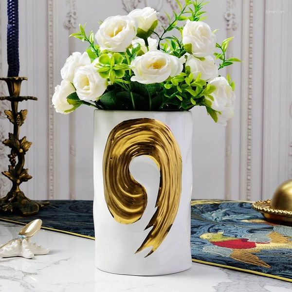 Vases Vases Gold-plated White Ceramic Vase Wedding Flower Arrangement High-grade Hydroponic Container Living Room Dining Table H250116