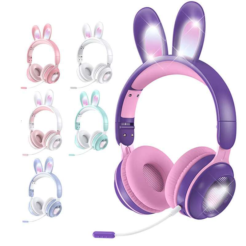 Drop Shipping Cheap LED Ear Gaming Pink Soft Leather No Wire Earphone Stereo Sound Wireless Rabbit Headphone Headsets With Mic