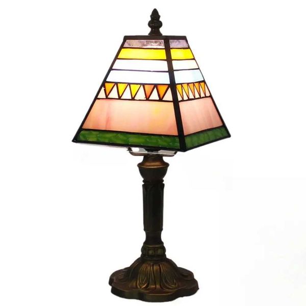 8inch Tiffany Stained Glass Pink Pyramid Lampshade Table Lamp American Living Room Bedroom Night Light Villa Hotel Desk Lamp Z250211