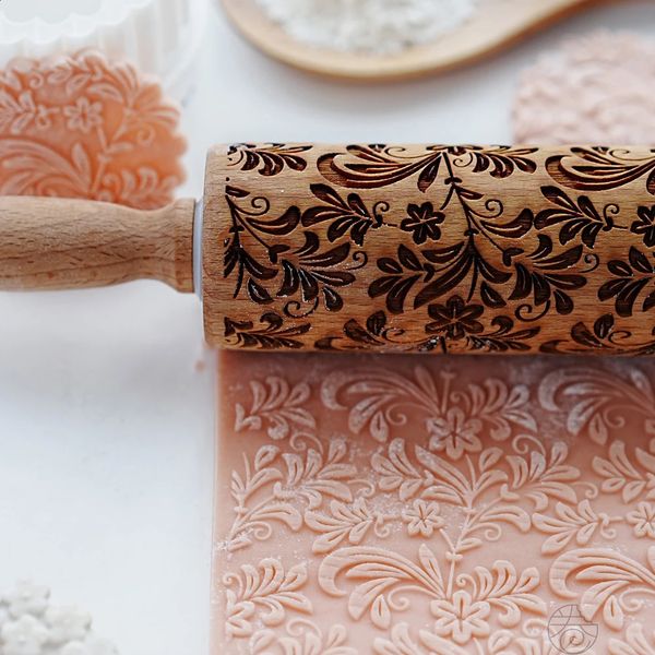 Jasmine Pattern Rolling Pin Wooden Roller Baking Embossed Cookies Stamp Biscuit Fondant Cake Decoration Tool Kitchen Accessories 240729