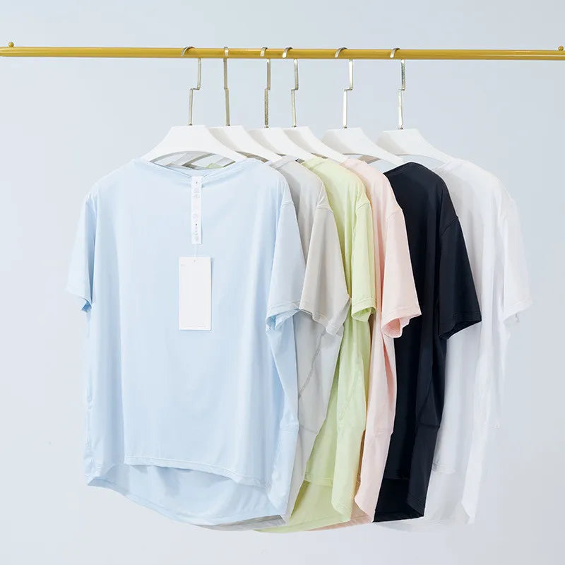 Womens Yoga T-shirt Summer Top Womens Round Collar Short Sleeve Elastic Breathable Sports Fitness Solid Color 813