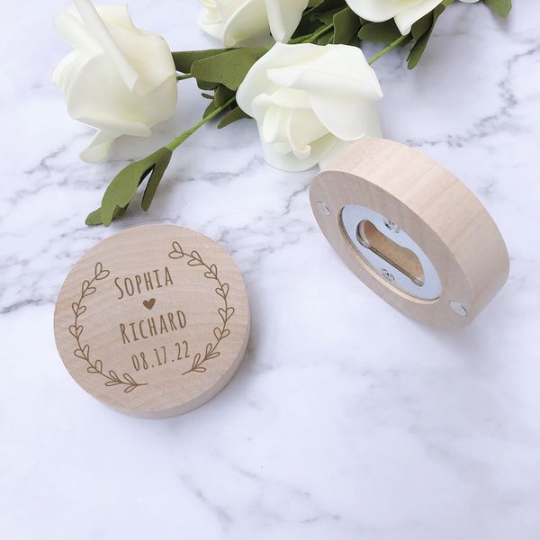 Party Favor Personalized wedding gift bottle opener refrigerator magnet wooden magnetic party guest 230404