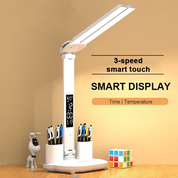 LED Clock Table USB Chargeable Dimmable Desk Lamp 2 Heads 180 Rotate Foldable Eye Protection Reading Night Light