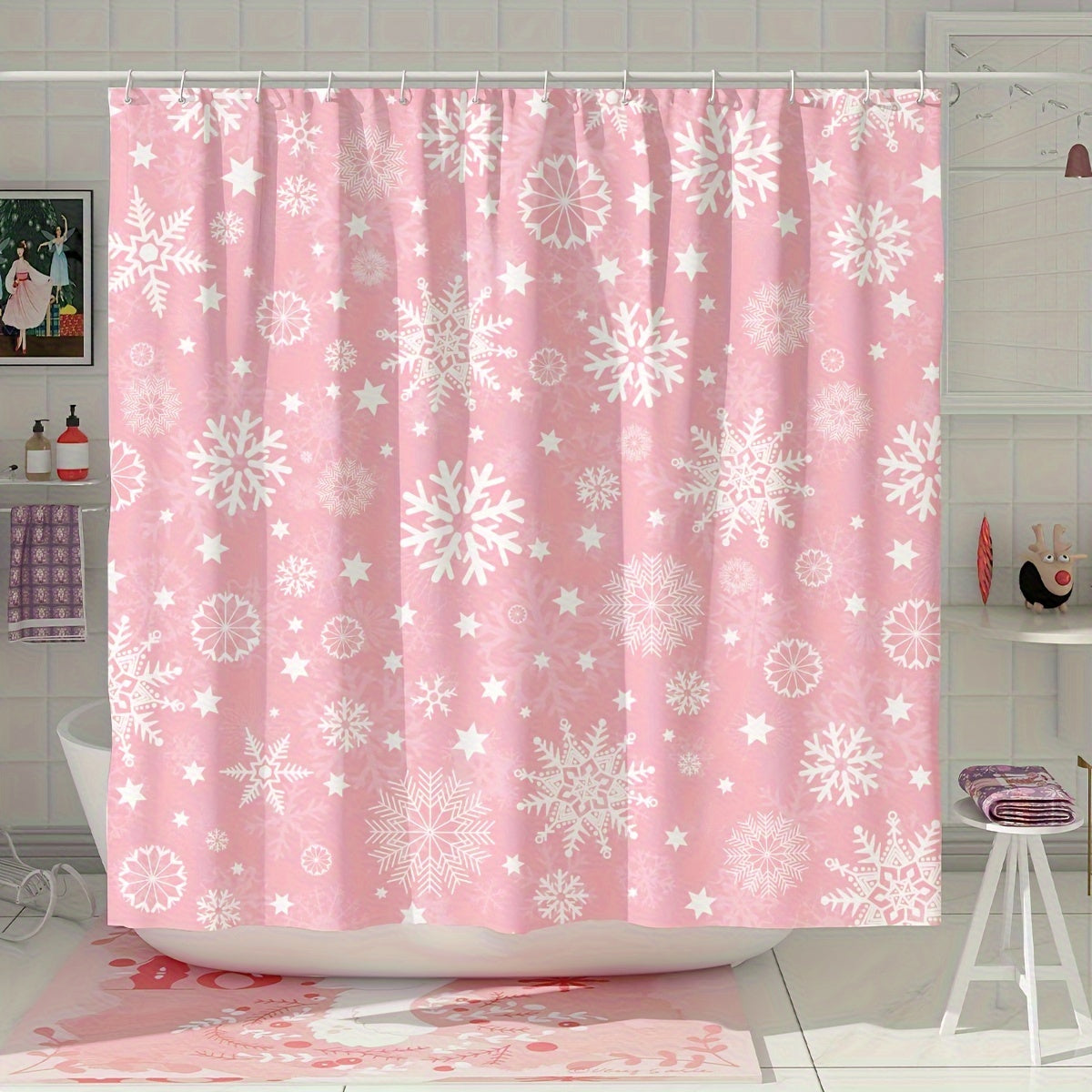 TEMU 1pc Snowflake Pink Christmas Shower Curtain, Christmas Modern Preppy Shower Curtain, Polyester Fabric 180×180 Cm-72"×72" Decorative Shower