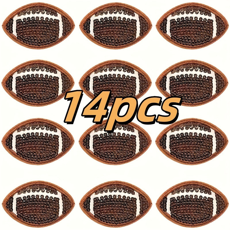 TEMU 14pcs Set Sparkly Sequin Football Iron-on Embroidered Applications For Diy Game Day Apparel, Ideal For Backpacks, Jeans, And Jackets