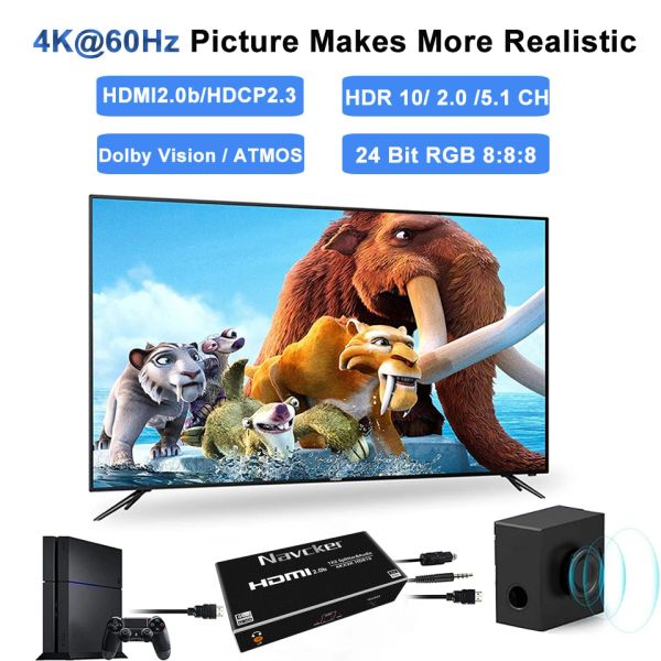 Navceker HDMI Splitter 1x2 4K HDMI Splitter Audio Extractor 1 in 2 out Port HDMI Cable Splitter HDMI Amplifier for PS4 PS5 Xbox
