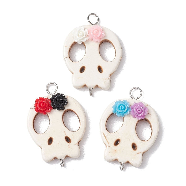 Charms conector turquesa sintético calavera de halloween con flor de resina