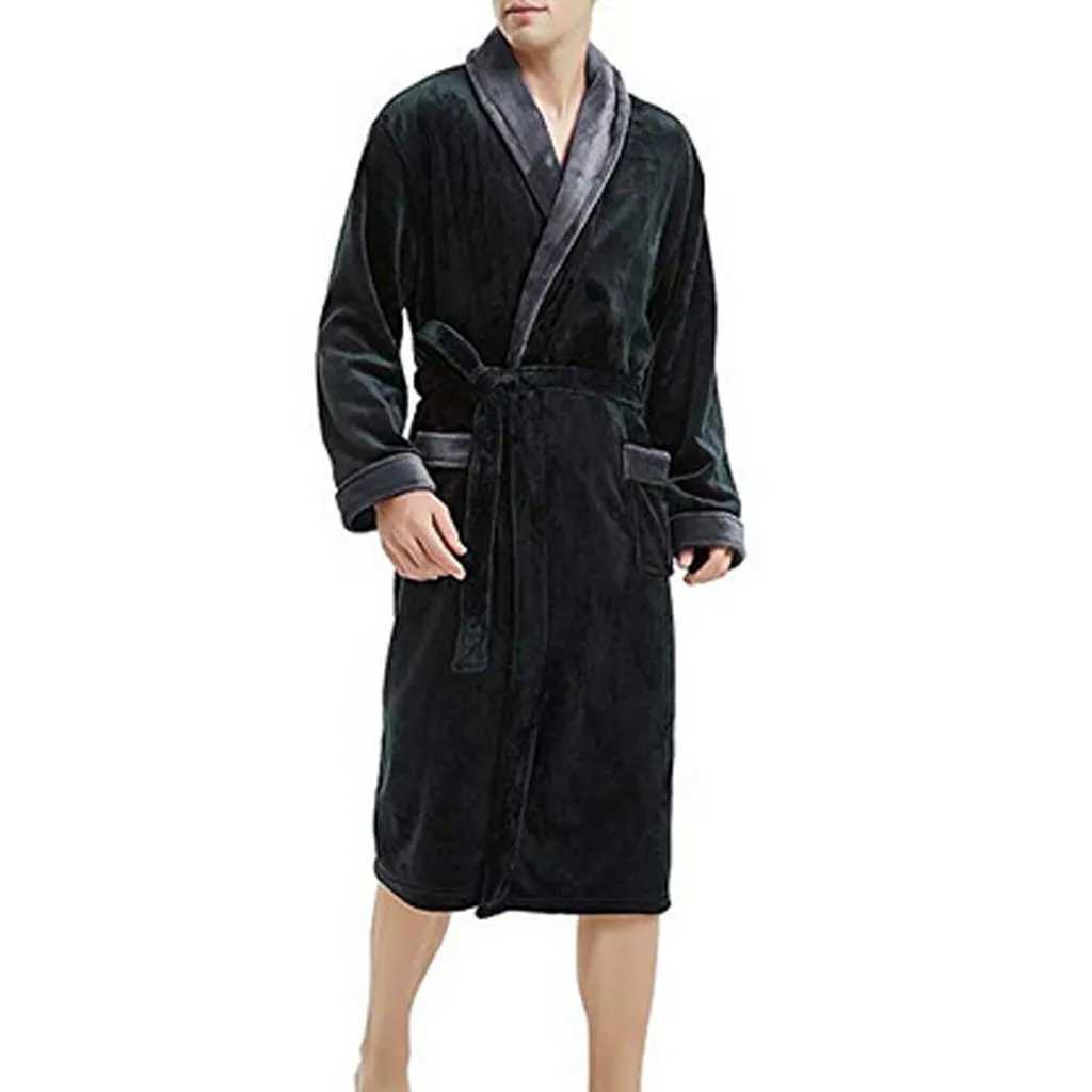2024 Winter Mens Bathrobe Solid Color Belt Flannel Hooded Bath Robe Pockets Warm Men Nightgown Home Gown Sleepwear Men Clothing Y240919