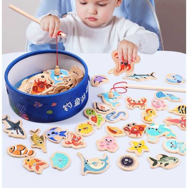 Intelligence toys Montessori wooden childrens fishing toys cartoon ocean life cognition fish games parents children interactive educational