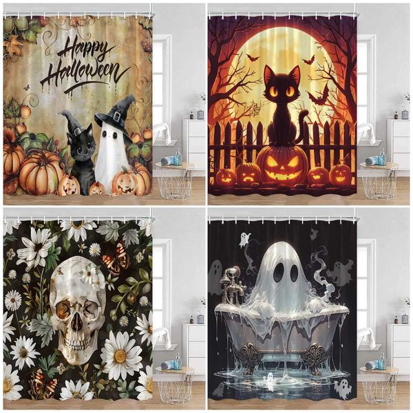 Interesting Halloween shower curtains white floral skulls black cats cute elves ghost pumpkins bathroom curtains with hook decorations W2408