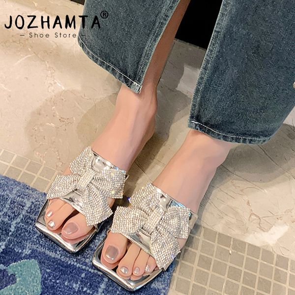 Size JOZHAMTA 34-40 Women Slides Slippers Real Leather Sparkly Rhie Bowknot Summer Shoes Party Low Heels Mules Sandals 32cf
