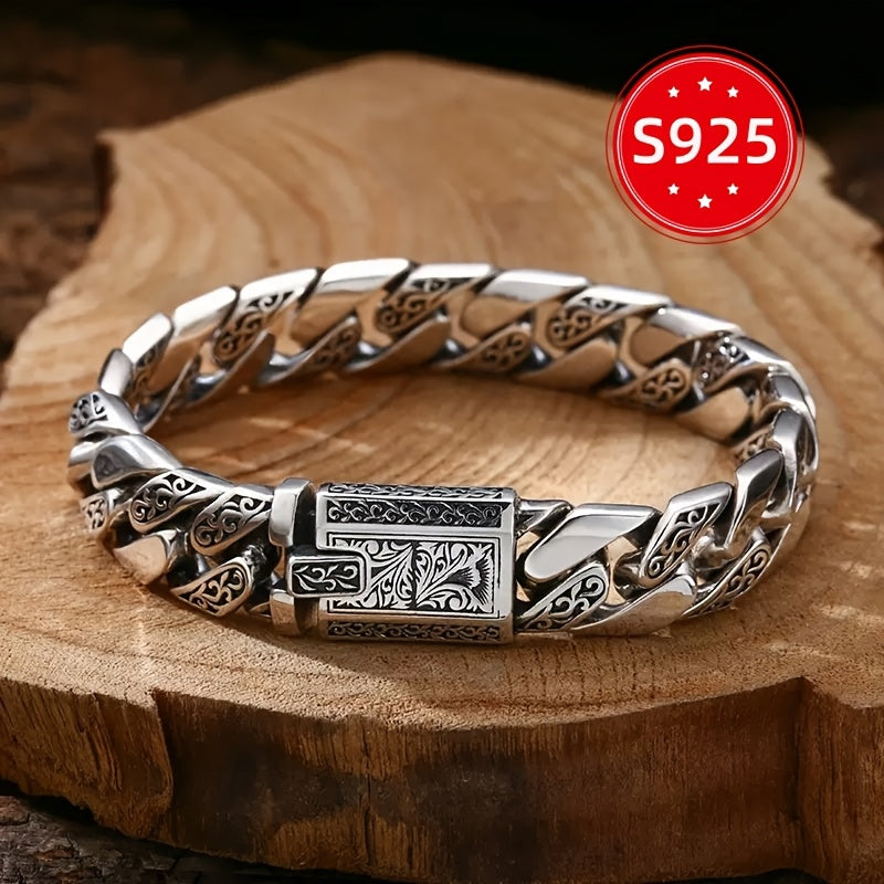 TEMU 925 Silvery Bracelet With Tang Grass Pattern, Cuban Men's Chunky Style, Thai Silvery Vintage , Fashionable Jewelry For Men, Boho Style, 50g