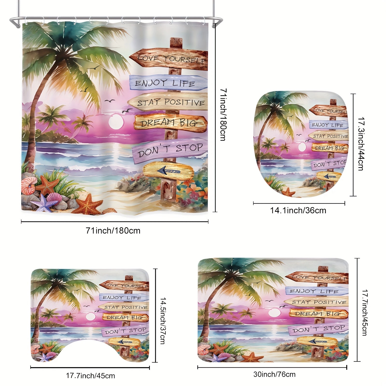 TEMU 1-4pcs - Tropical Tree Leaf Shower Curtain Set, Quotes Sunset Scenery Inspirational Art 12 Hooks Waterproof Shower Curtain, Non-slip Bathroom