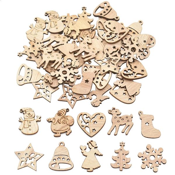50Pcs Christmas Natural Wooden Chip Santa Claus Snowflake Tree Hanging Ornaments Pendant Navidad Decoration DIY Craft 241111