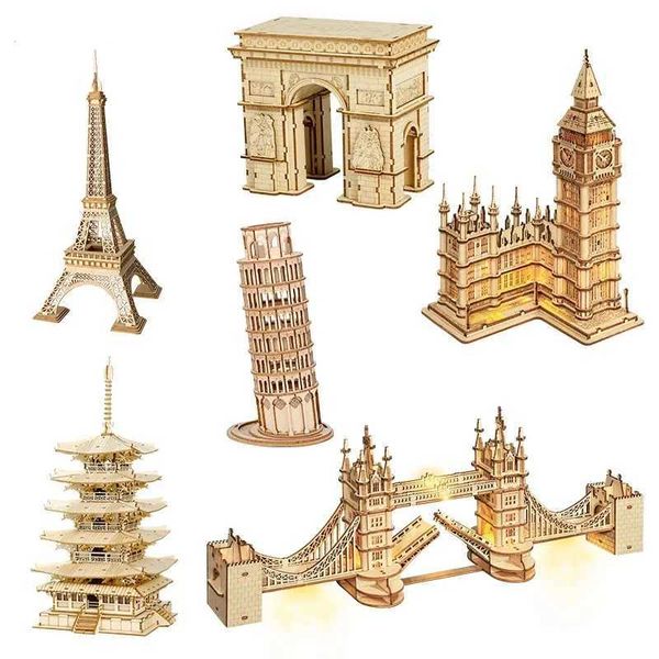 Robotime 3D Wooden Puzzle Game Big Ben Tower Bridge Pagoda Building Model Toys For Children Kids Birthday GiftT250104