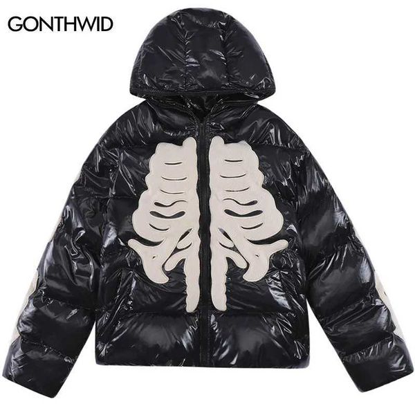 Mens Down Parkas Winter hooded Parkas jacket Y2K Grunge Strtwear hiphop embroidery skull skeleton thickened warm bubble zipper Emo puff coat