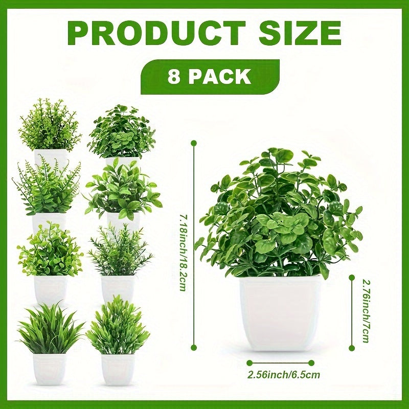 TEMU 8pcs, Artificial Simulation Green Plant Potted Flowers, Mini Eucalyptus Potted Artificial Decorative Grass Plants With White Pots For Home