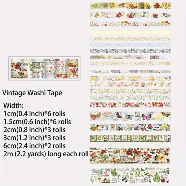 20 Roll Vintage Washi Tape Set, Butterfly Plant Masking Tape (3 Rolls Foil Stamping Tape), Scrapbooking Supplies, Notebook DIY Crafts
