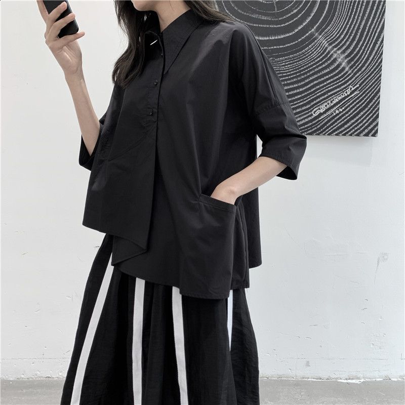 Dark Niche Irregular Design Short Sleeve Shirt for Women Loose Slimming Pointed Collar FiveSleeve Shirt for Men Summer New Style