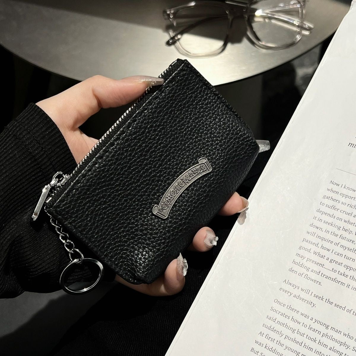 Designer chrome cross-shaped genuine leather small card holder, personalized and trendy men&#039;s wallet, women&#039;s zipper small wallet