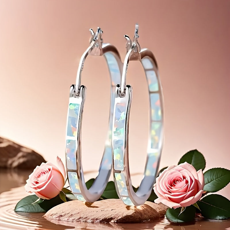 TEMU A Pair Of Bohemian Style Silvery Earings Set With Synthetic Gemstone Synthetic Opal For Casual Attire And Elegant Women's Jewelry As A Gift,