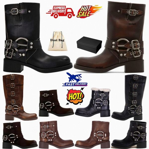 Designer Boots Chunky Heel Comfort Harness Boot Belt Black White Brown Buckled Cowhide Leather Biker Knee Zip Knight Fashion Square Toe Ankl