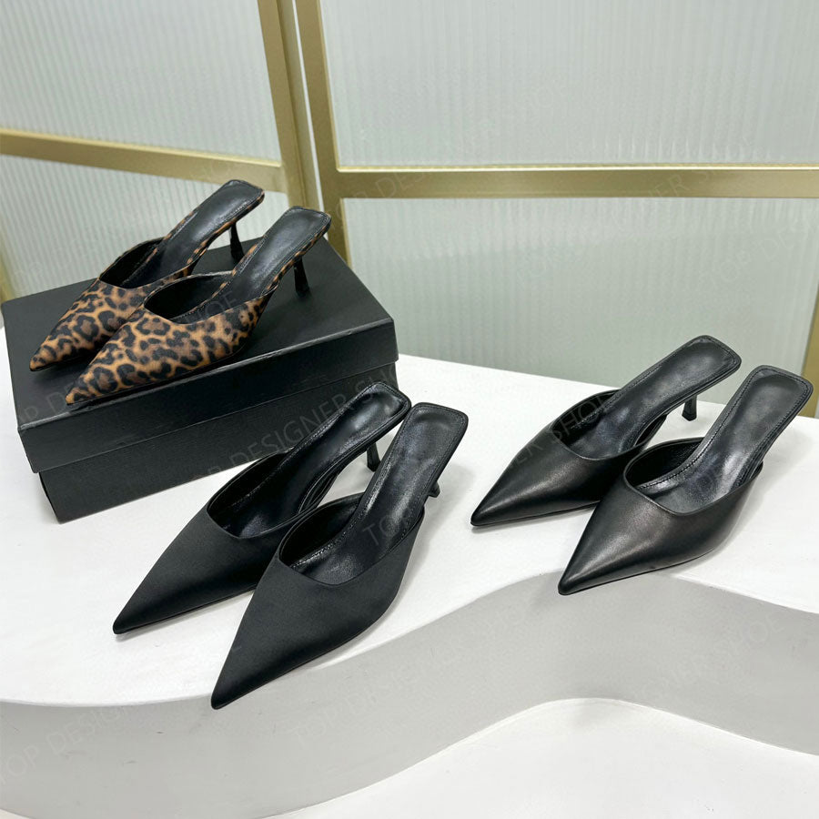 Top quality Real leather silk mules Kitten heels slippers sandals 5.5cm Pointed toes shoes slip on slipper Luxury designer mules slippers Evening sh