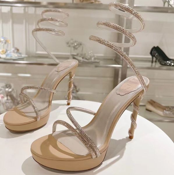 2025 Fashion Luxury Designer Shoes Genuine Leather Serpentine Wrapped Ankle Strap Party Shoe